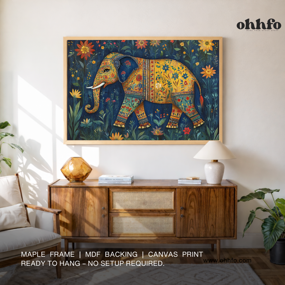 Floral Elephant Canvas Wall Art – Traditional Indian Folk Décor