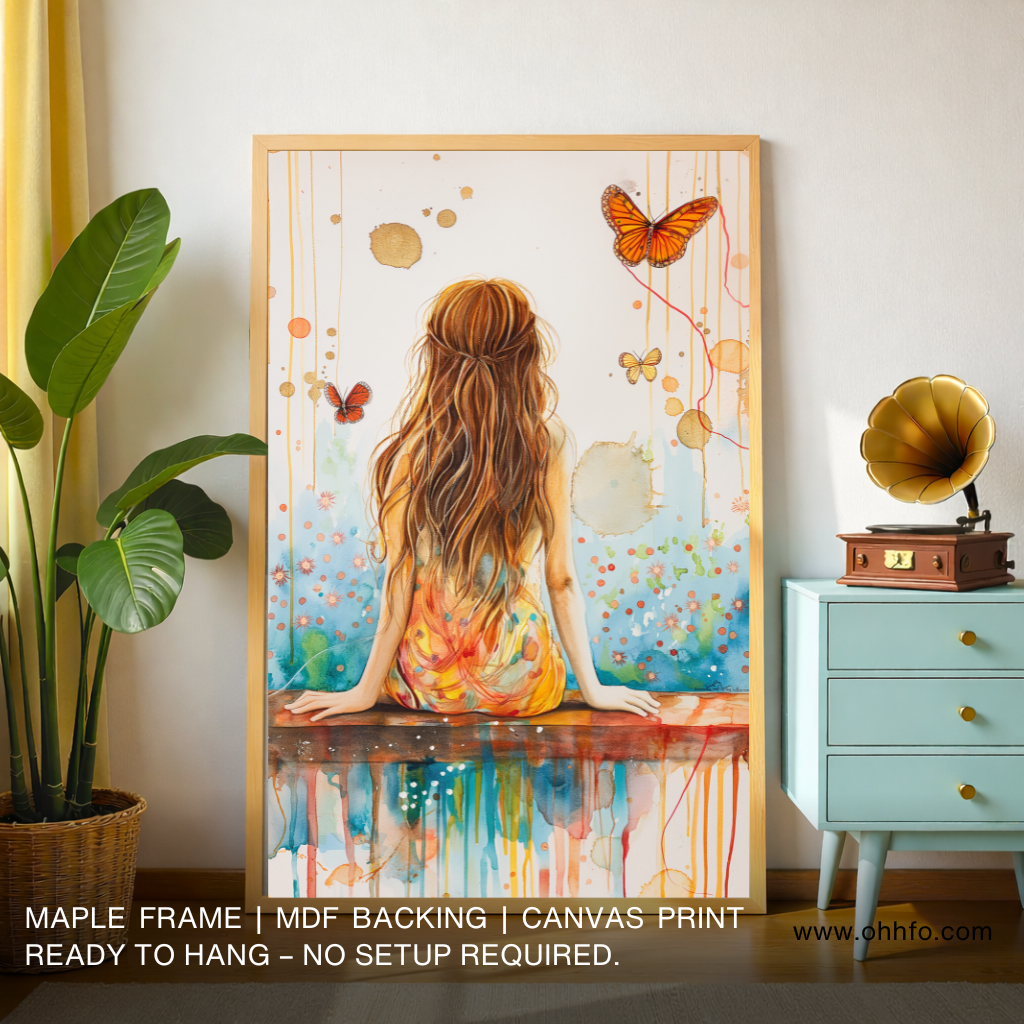 Girl Watching Butterfly Wall Art – Abstract Canvas Print for Calm & Whimsical Home Decor