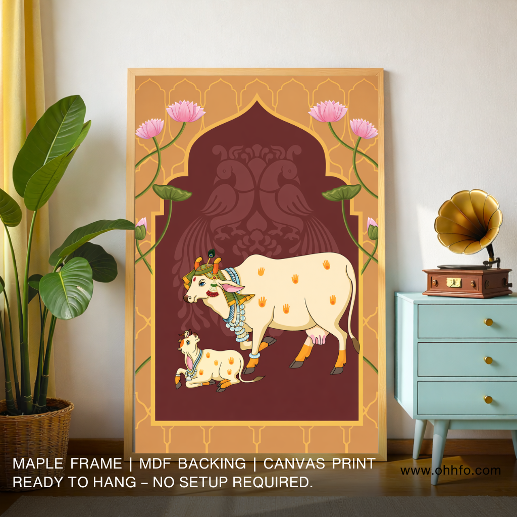 Sacred Cow & Calf Canvas Wall Art – Traditional Hindu Religious Decor