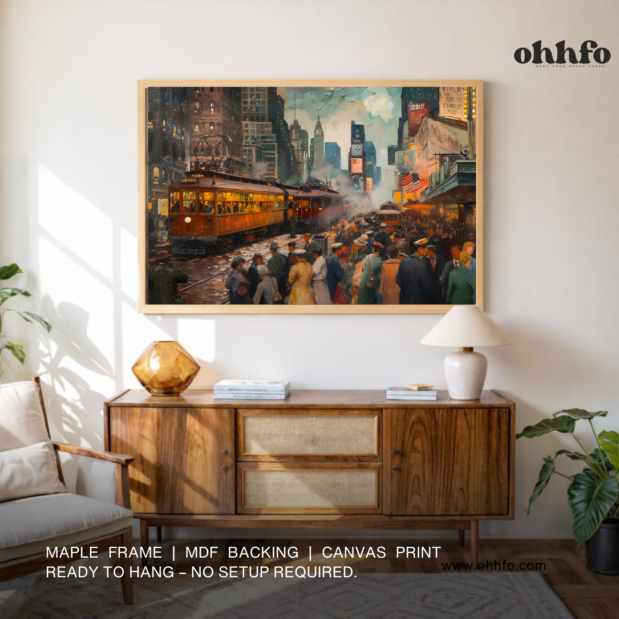 Vintage City Tram Street Canvas Wall Art – Timeless Urban Night Scene