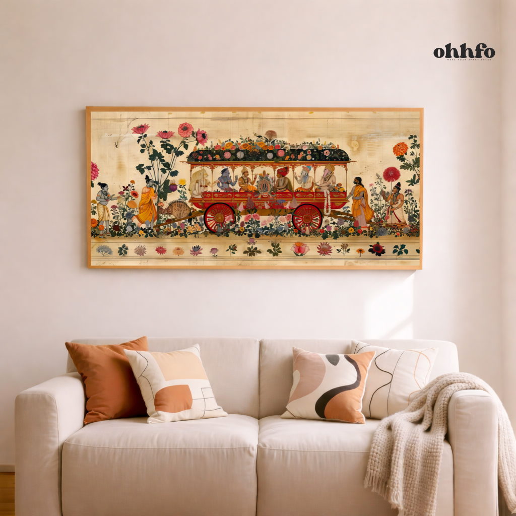 Traditional Indian Rath Yatra Chariot Wall Art with Botanical Floral Border