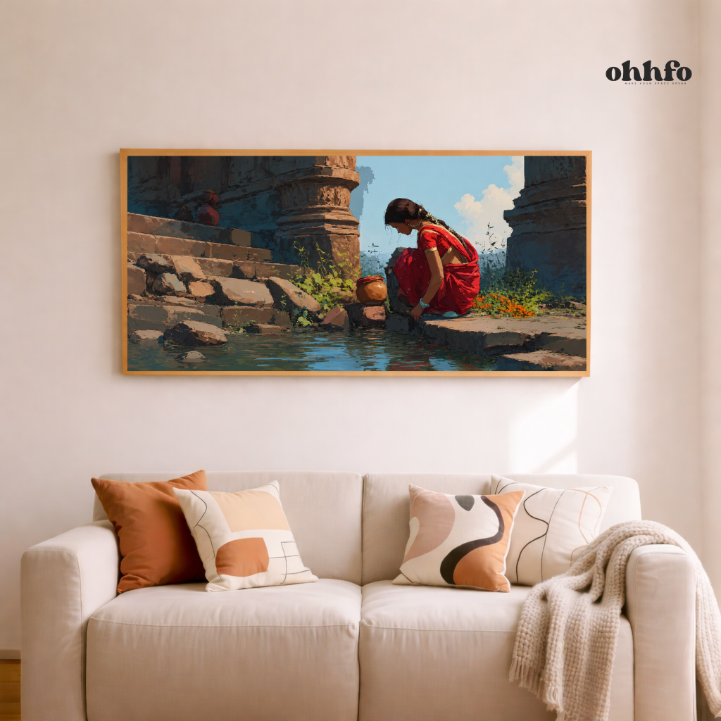 Indian Village Woman by Water Canvas Wall Art