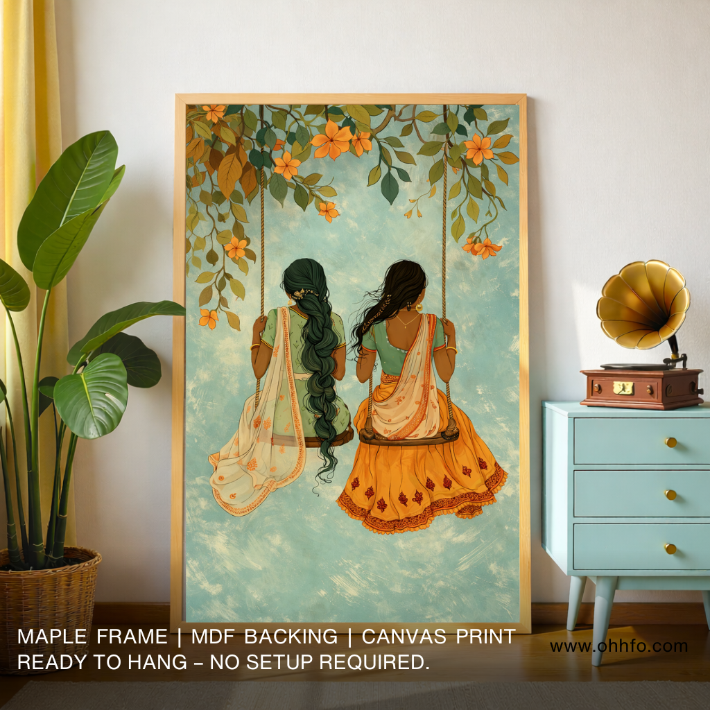 Golden Swing of Memories – Indian Women on Floral Jhula Canvas Wall Art