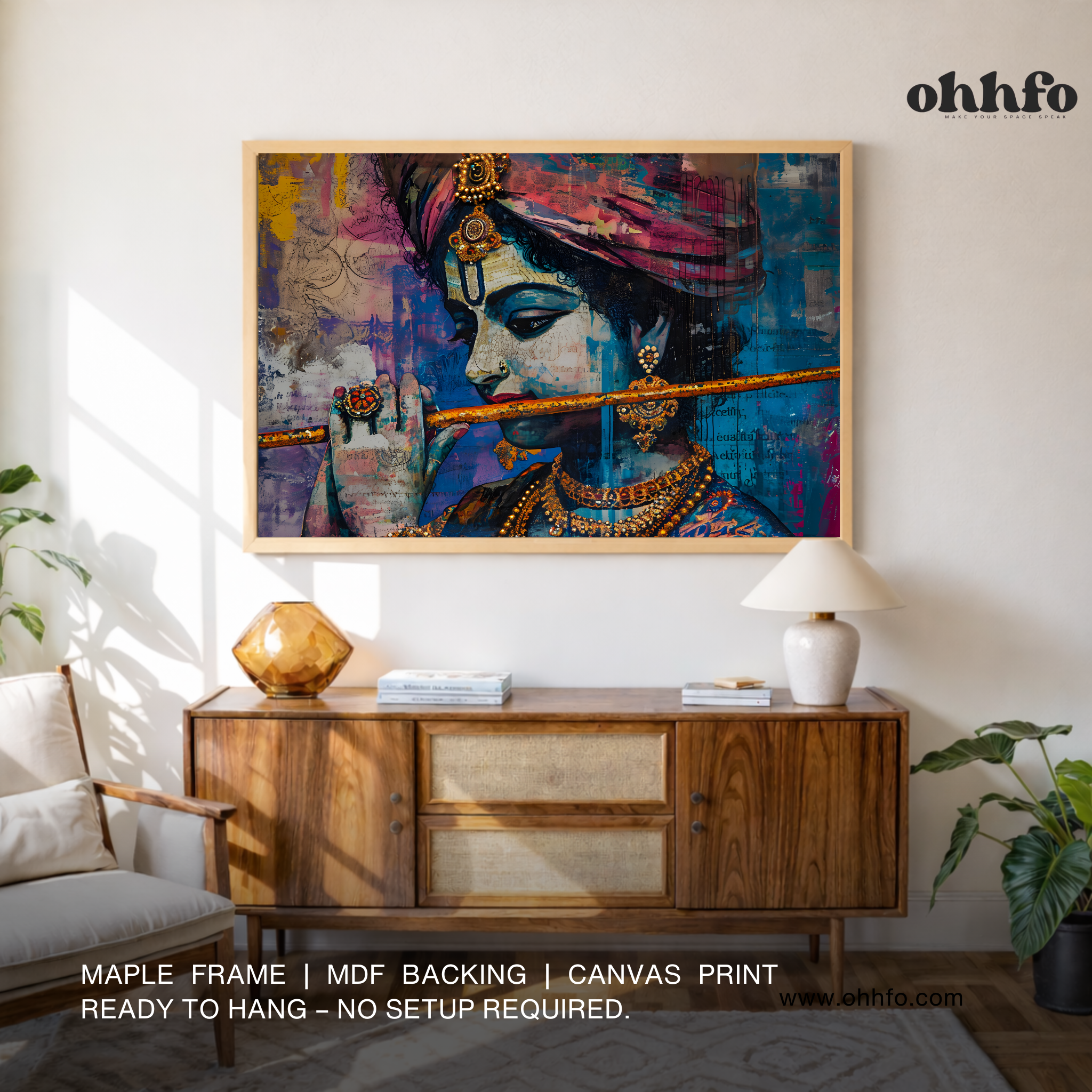 Framed Krishna Playing Bansuri Wall Art – Divine Indian Spiritual Decor
