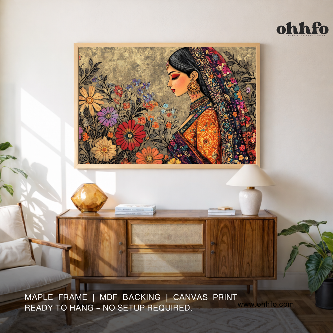 Traditional Indian Woman Canvas Wall Art – Madhubani Style Floral Décor