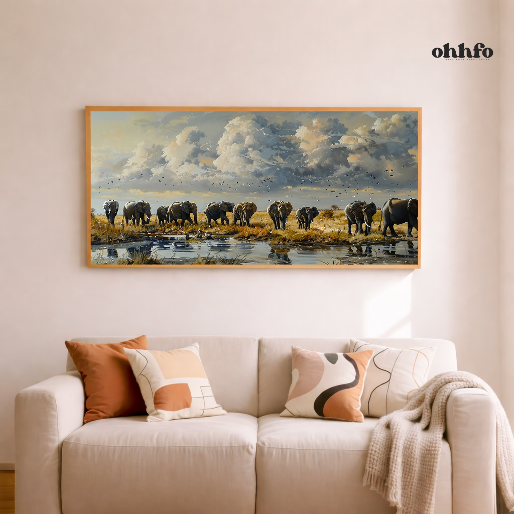 Majestic Elephant Herd at Watering Hole Wall Art