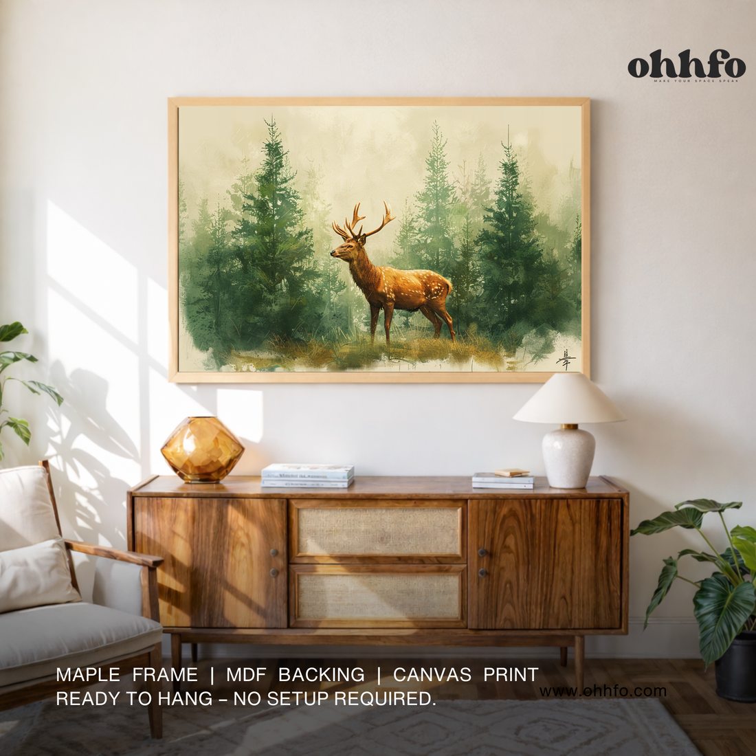 Misty Forest Deer Wall Art – Watercolor Wildlife Canvas Painting