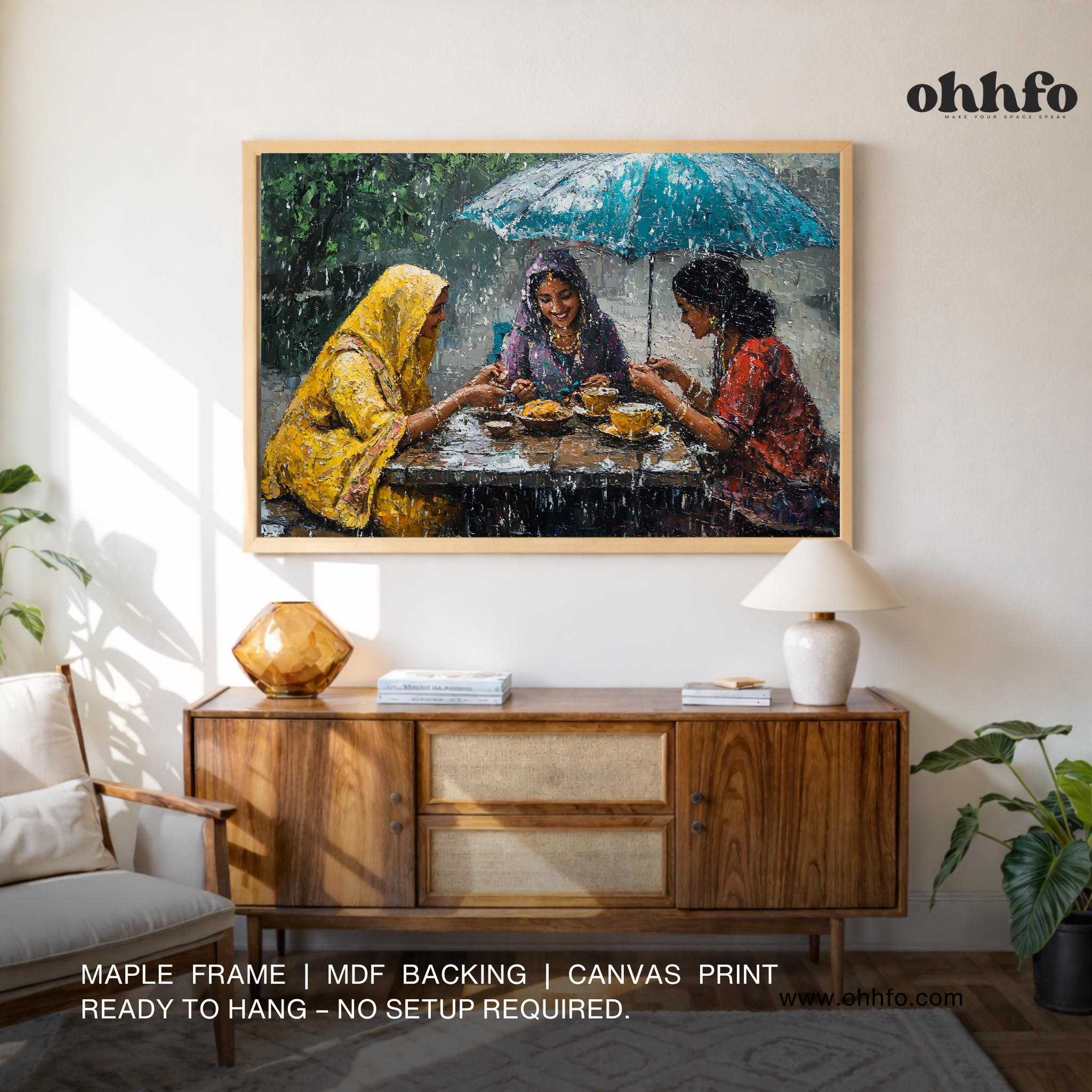 Monsoon Conversations – Women Sharing Tea Canvas Wall Art