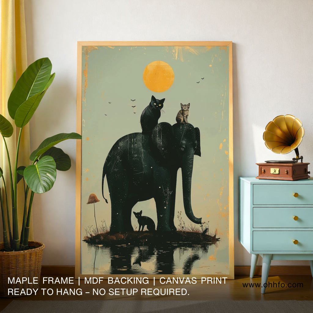 Elephant and Cats Canvas Wall Art– Moonlight Animal Painting