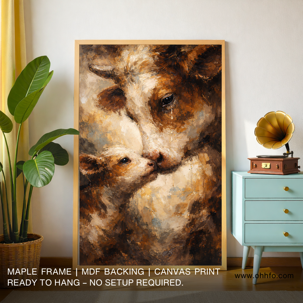 Mother Cow and Calf Emotional Canvas Wall Art