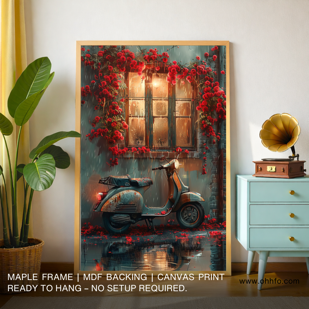 Romantic Scooter by Window Canvas Wall Art