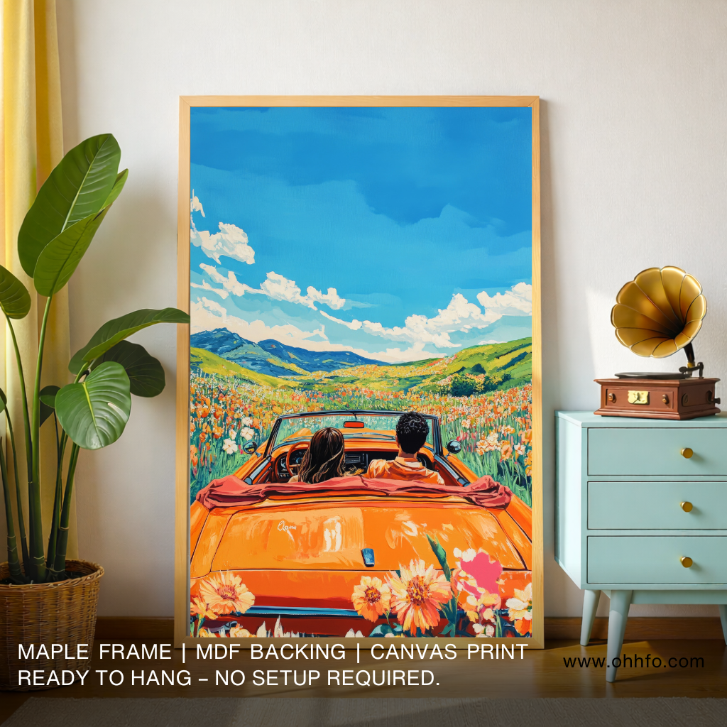 Couple Driving Convertible Canvas Wall Art – Romantic Travel Décor
