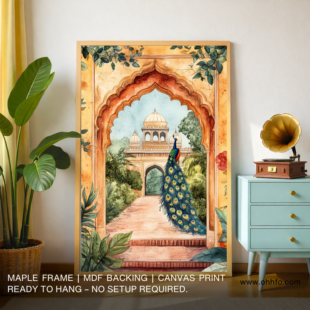 Peacock in Mughal Garden Arch Canvas Wall Art