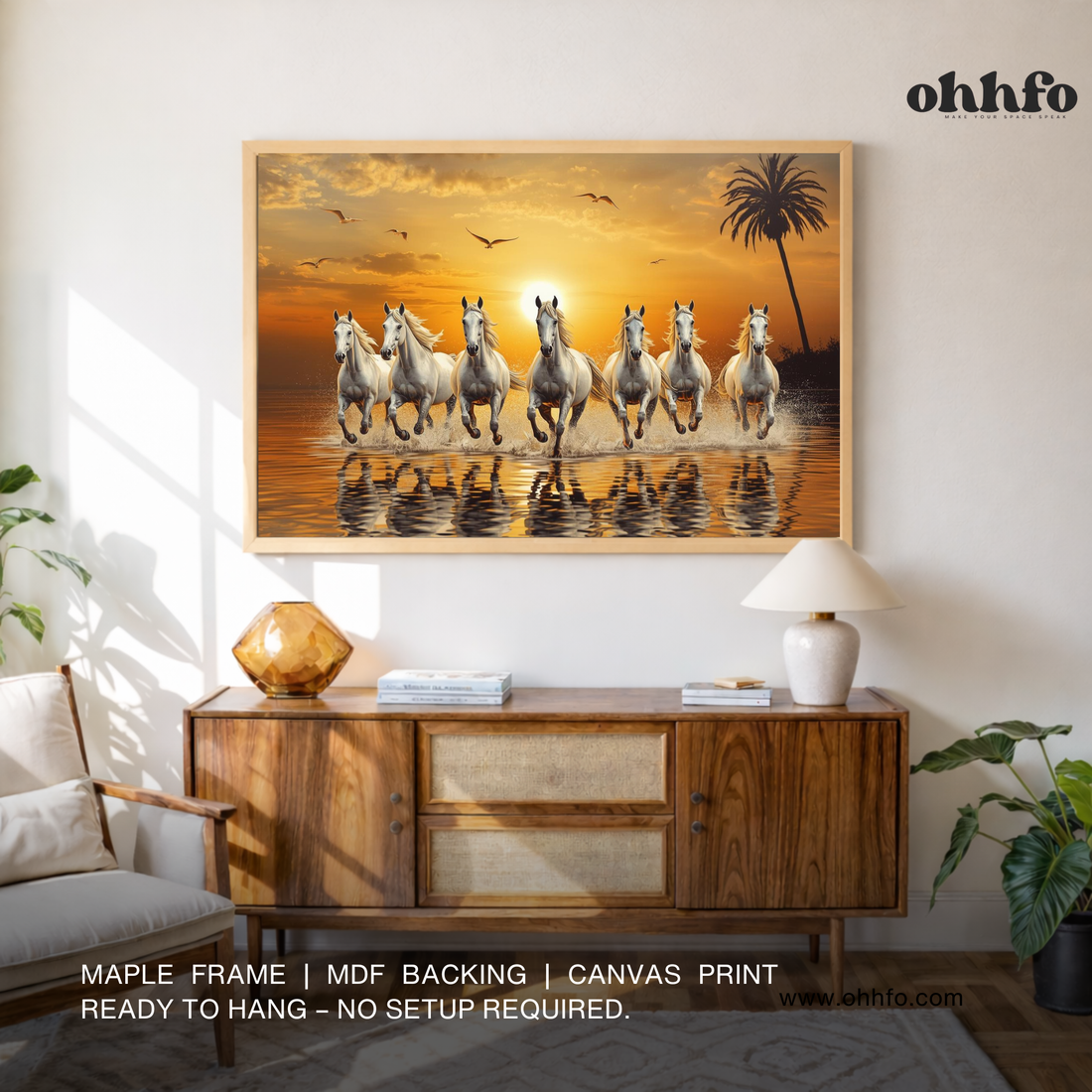 Seven Running Horses Canvas Wall Art - Vastu-Inspired Sunset Painting for Home & Office Decor