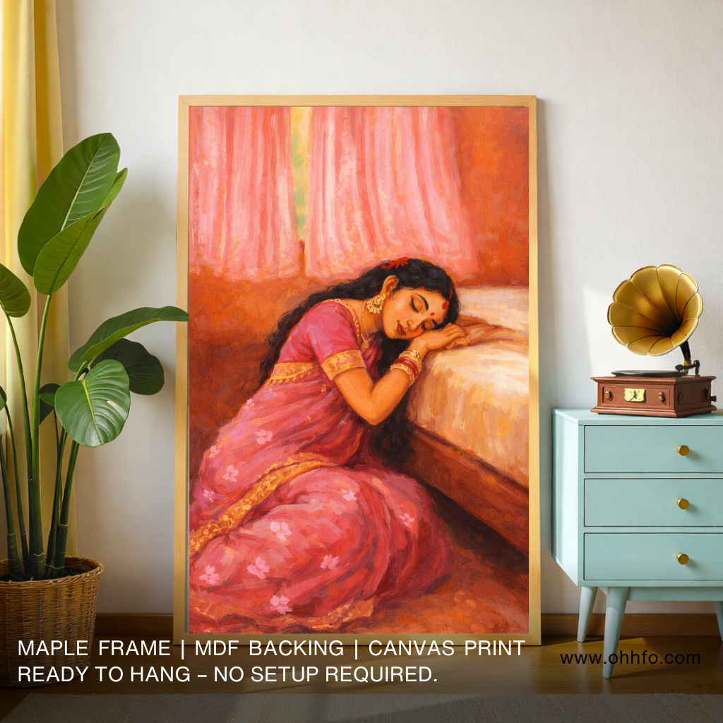 Serene Sleeping Woman in Pink Saree – Traditional Indian Emotional Wall Art