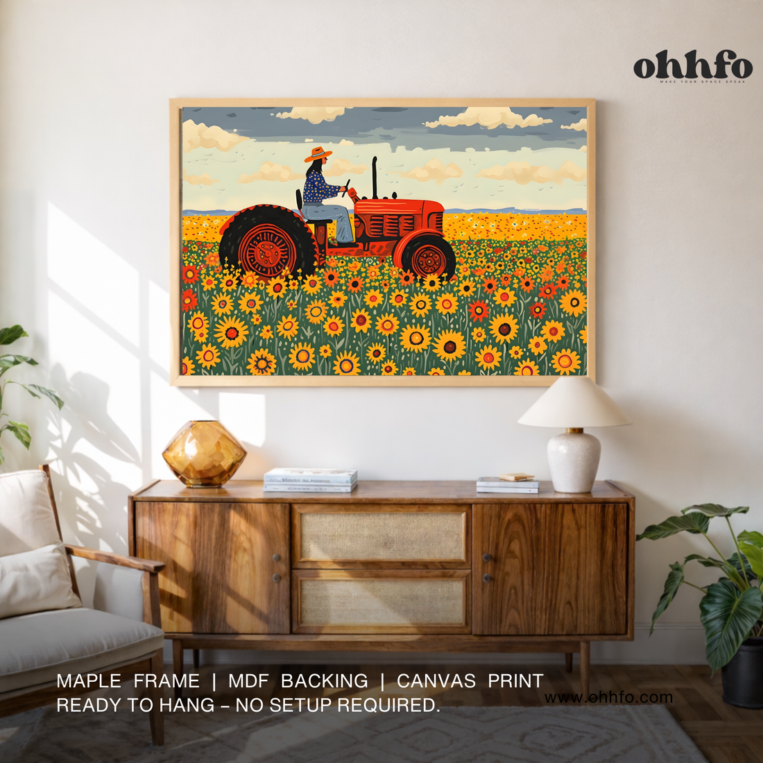 Sunflower Field Tractor Folk Art Canvas Wall Art