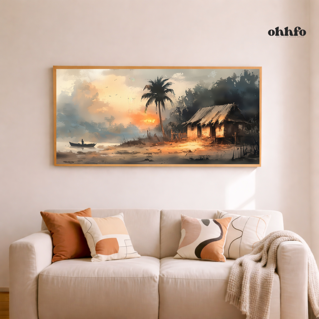 Tranquil Riverside Hut Sunset Wall Art