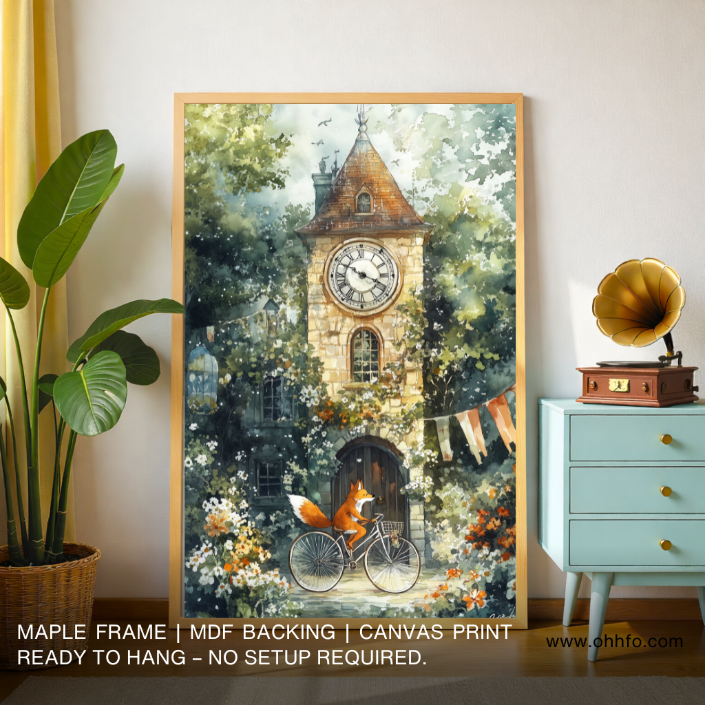 Whimsical Fox Clock Tower Canvas Wall Art