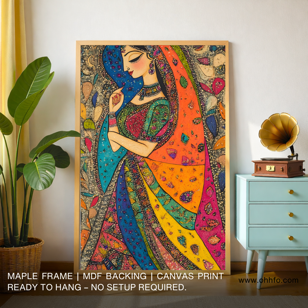 Colorful Rajasthani Woman Canvas Wall Art – Traditional Indian Painting
