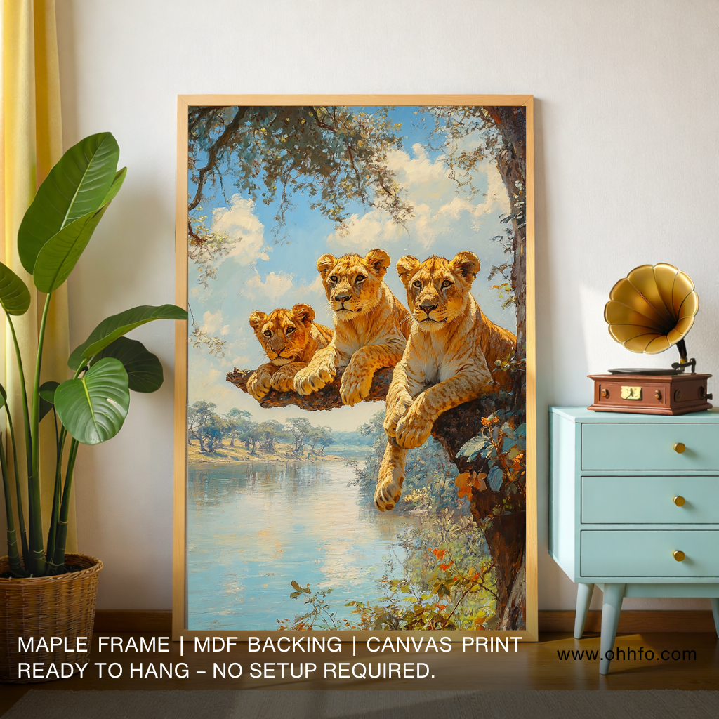 Lion Family Canvas Wall Art – Majestic Wildlife Safari Nature Painting