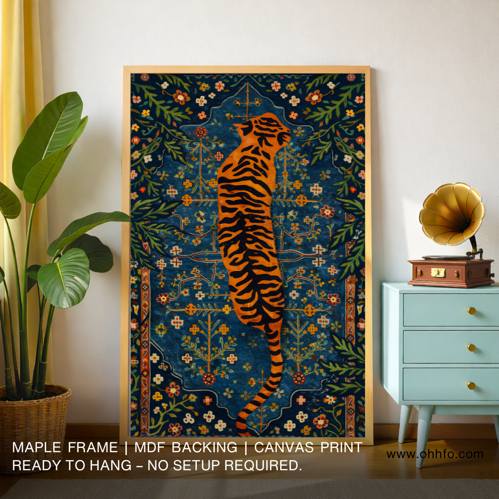 Majestic Tiger Folk Art Canvas Wall Art with Floral Pattern