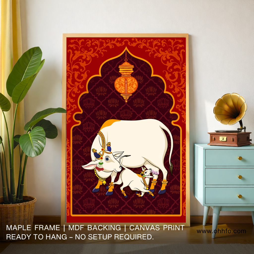 Sacred Cow and Calf Canvas Wall Art – Traditional Hindu Religious Decor