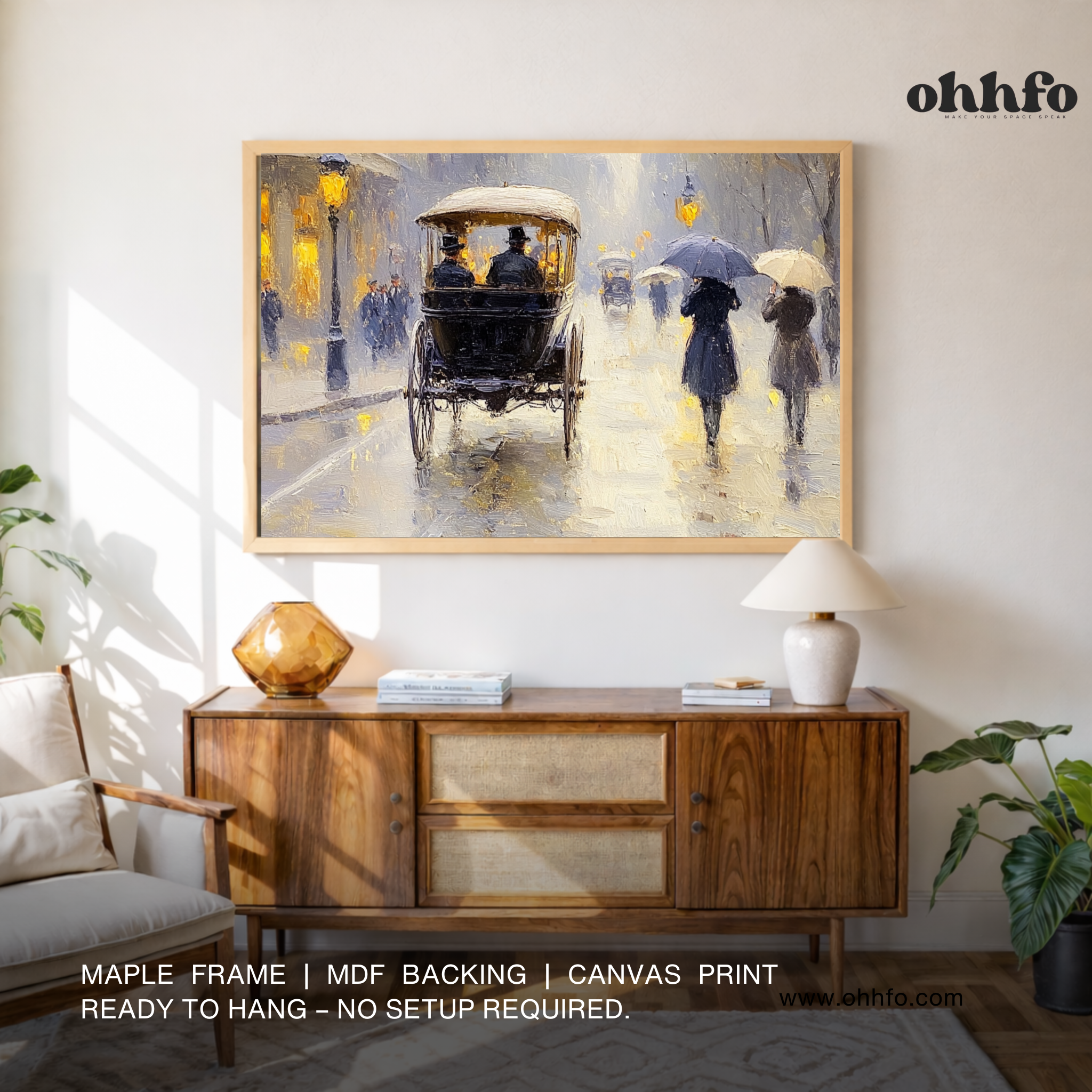 Vintage Rainy Street Carriage Canvas Wall Art – Classic European Evening Scene Painting