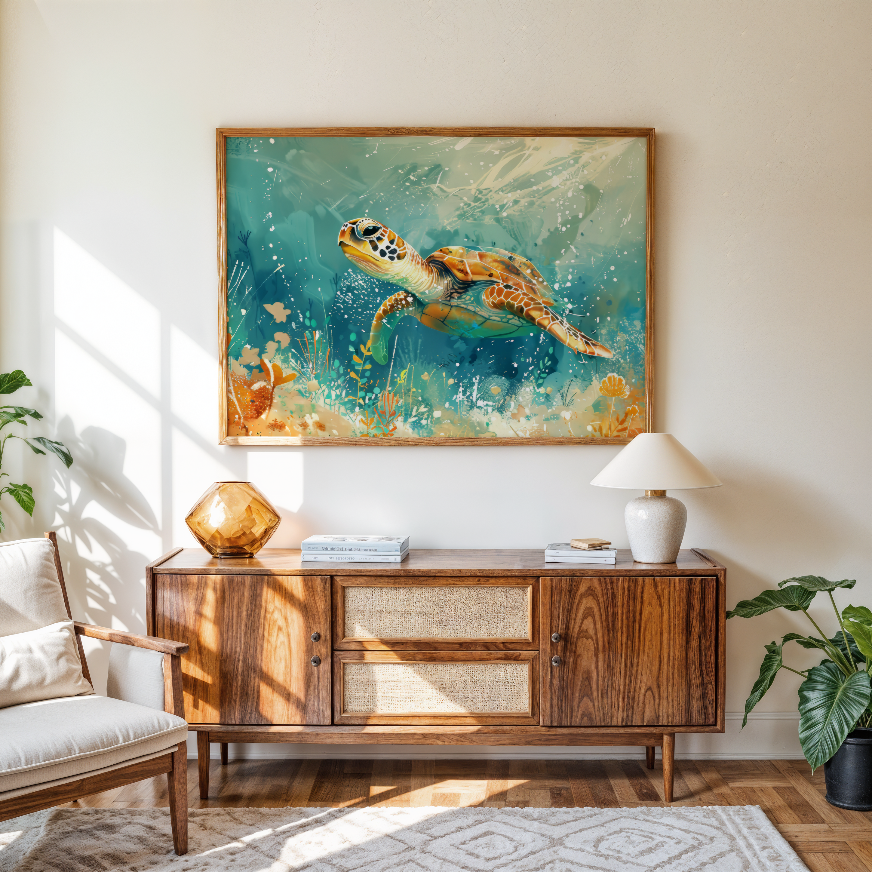 Marine life wall art featuring a sea turtle in vibrant ocean scene