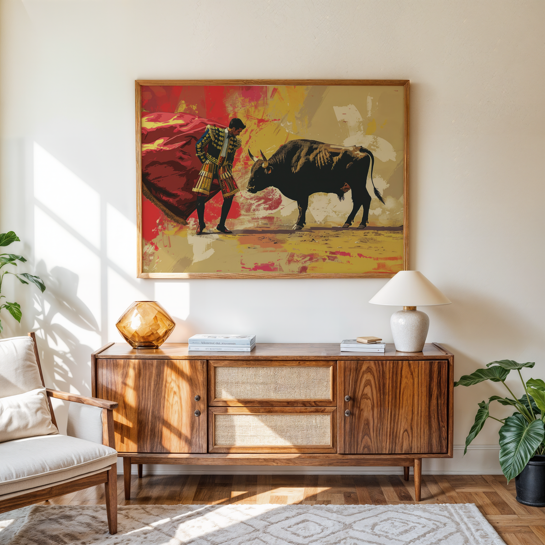 Modern wall art of matador and bull with abstract background colors