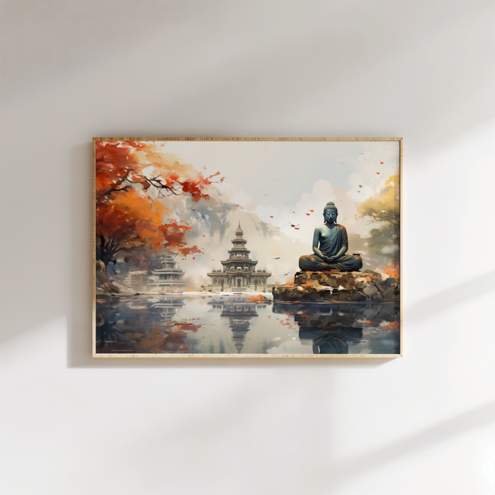 Spiritual meditation artwork featuring Buddha by the lake