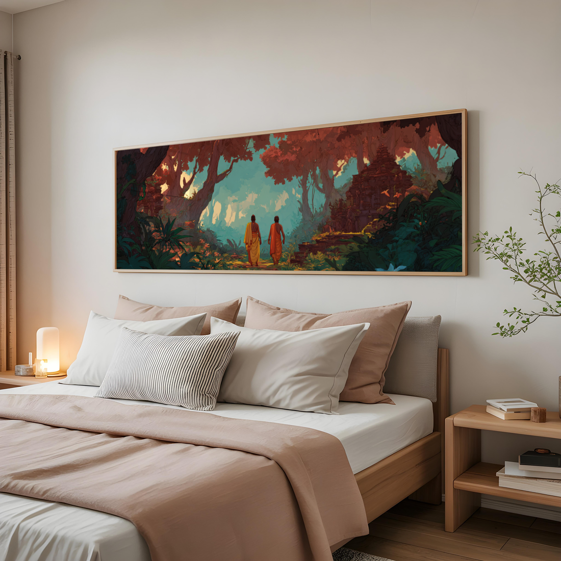 Meditation forest scene with monks and temple ruins artwork