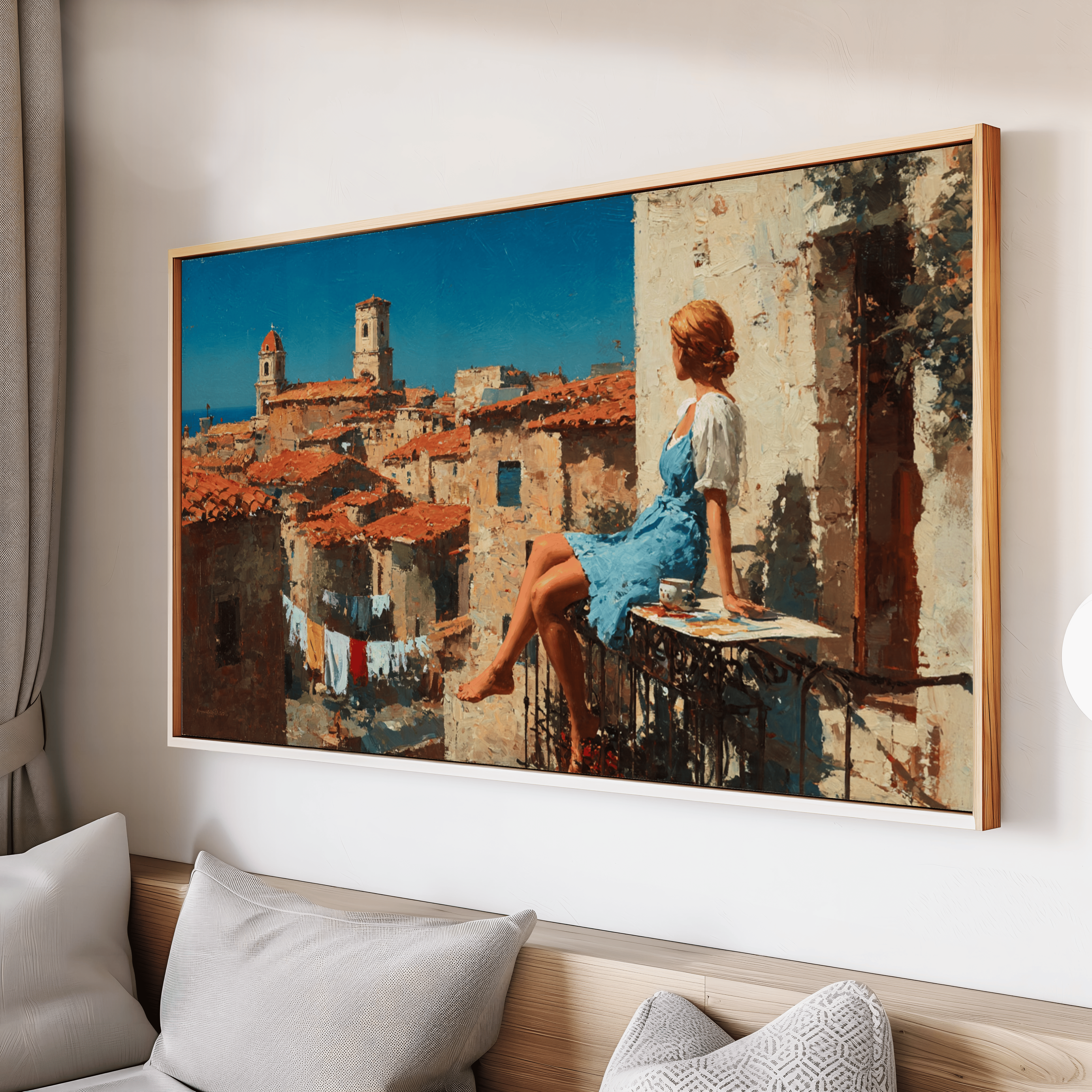 Woman sitting on balcony overlooking Mediterranean coastal town painting