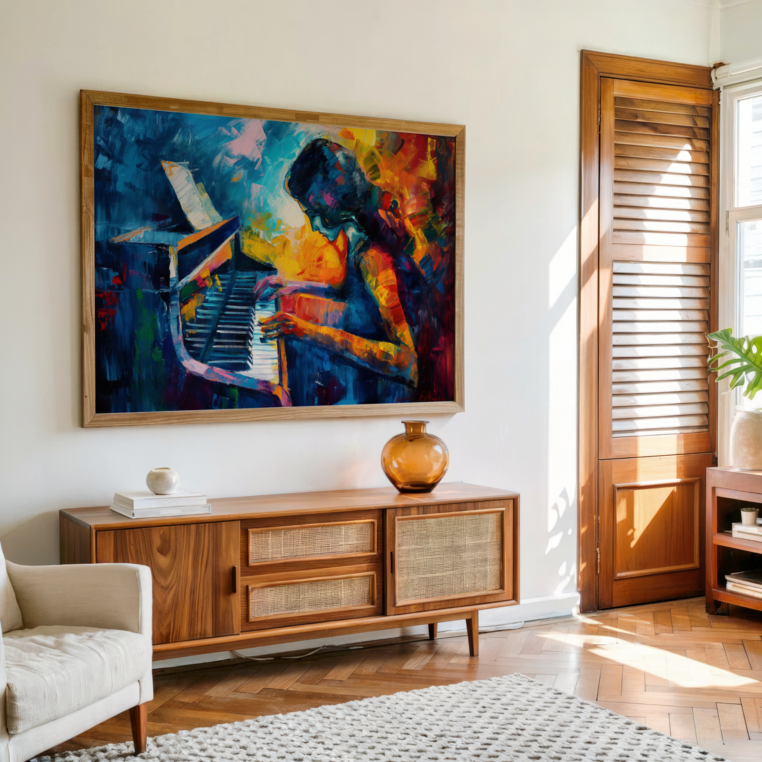 Abstract painting of girl playing piano in vivid expressionist colors – canvas print