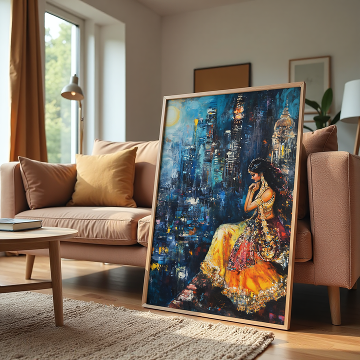 Indian woman in golden lehenga above glowing city skyline at night painting