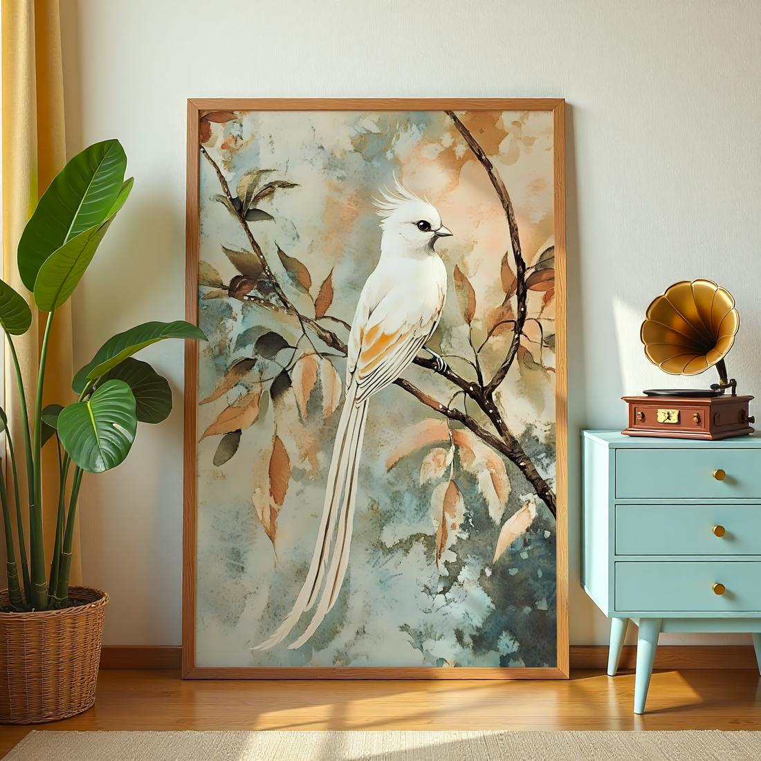 Minimal bird on branch watercolor wall decor with calm neutral tones