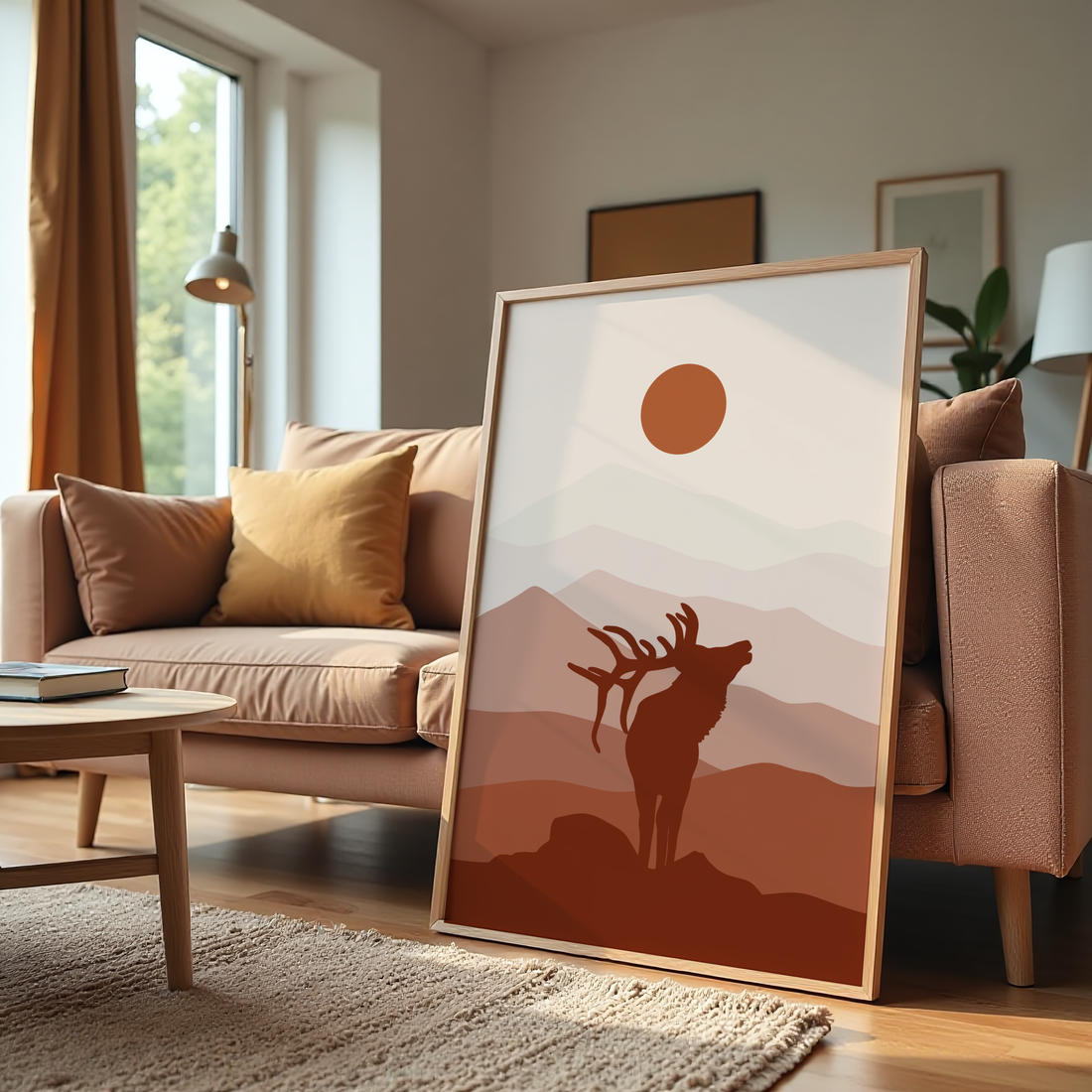 Minimal boho deer silhouette wall art with earthy tones and mountains