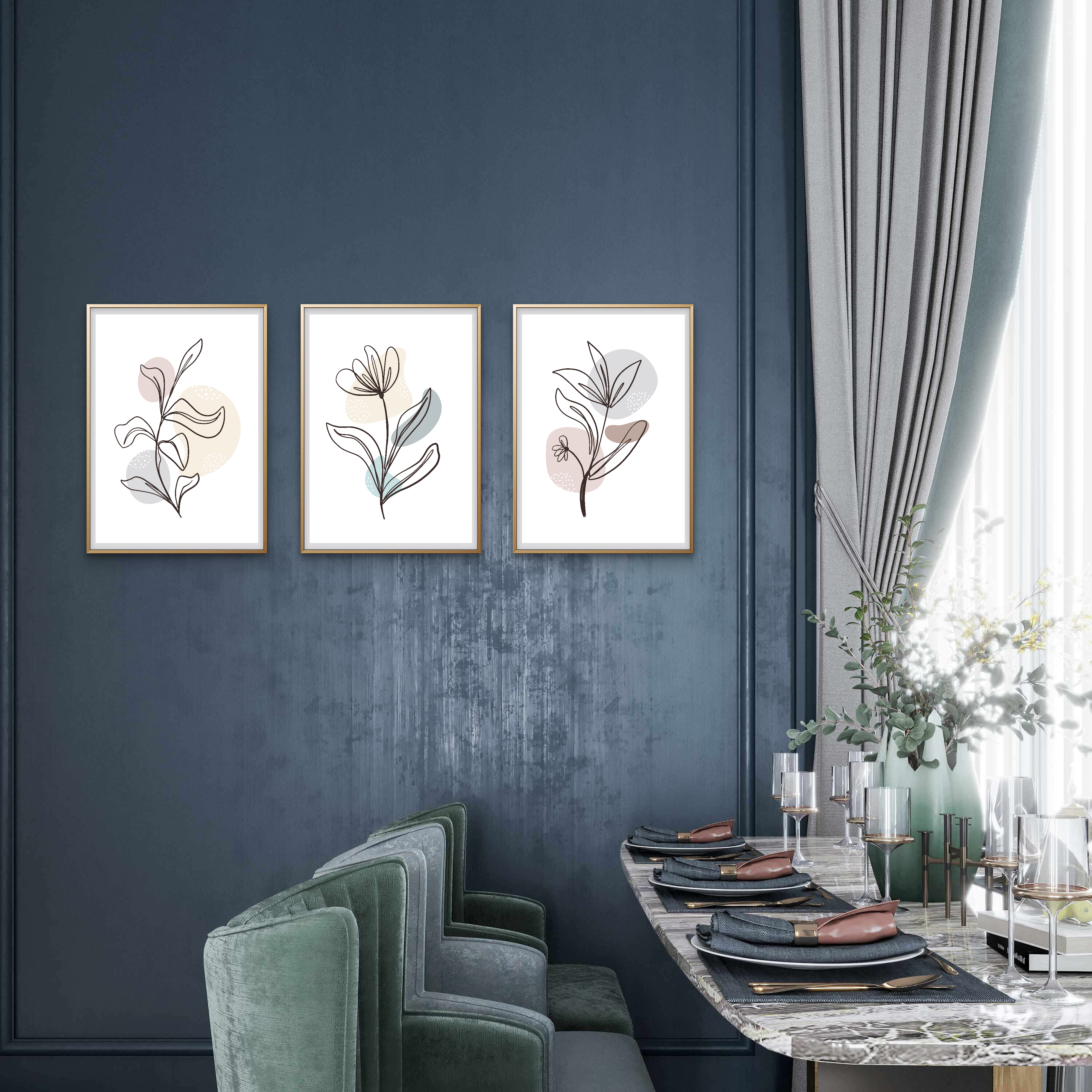 Dining room with floral wall art and a set table.