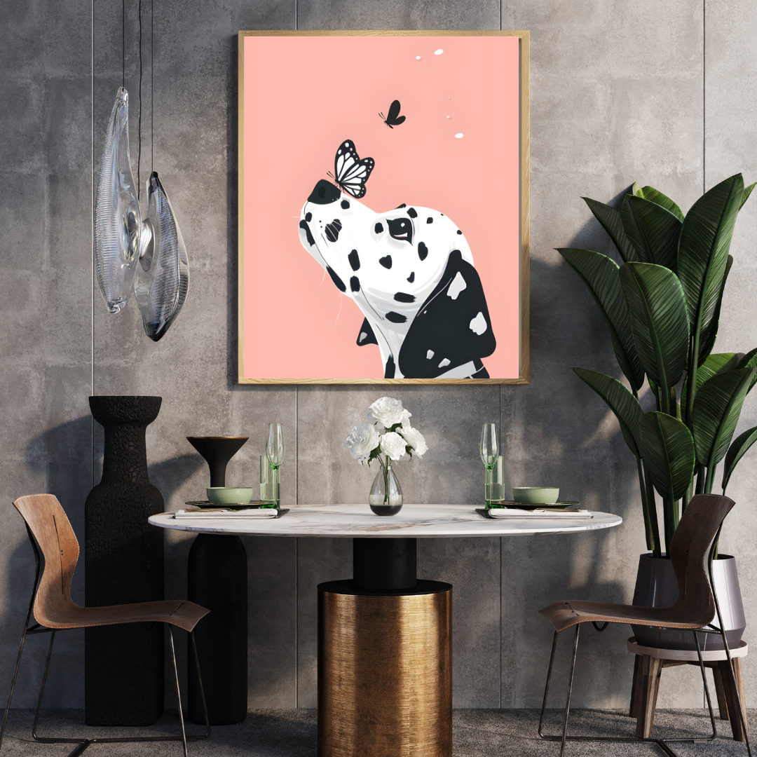 Minimal black and white dog illustration with butterfly on nose