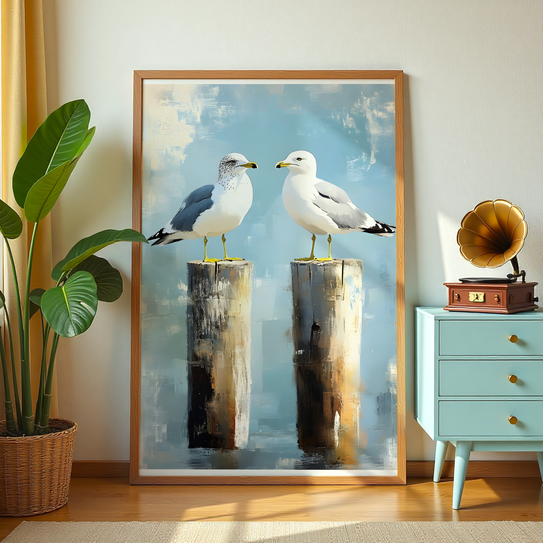 Minimal coastal wall art featuring seagull birds perched on pier posts against a serene sky