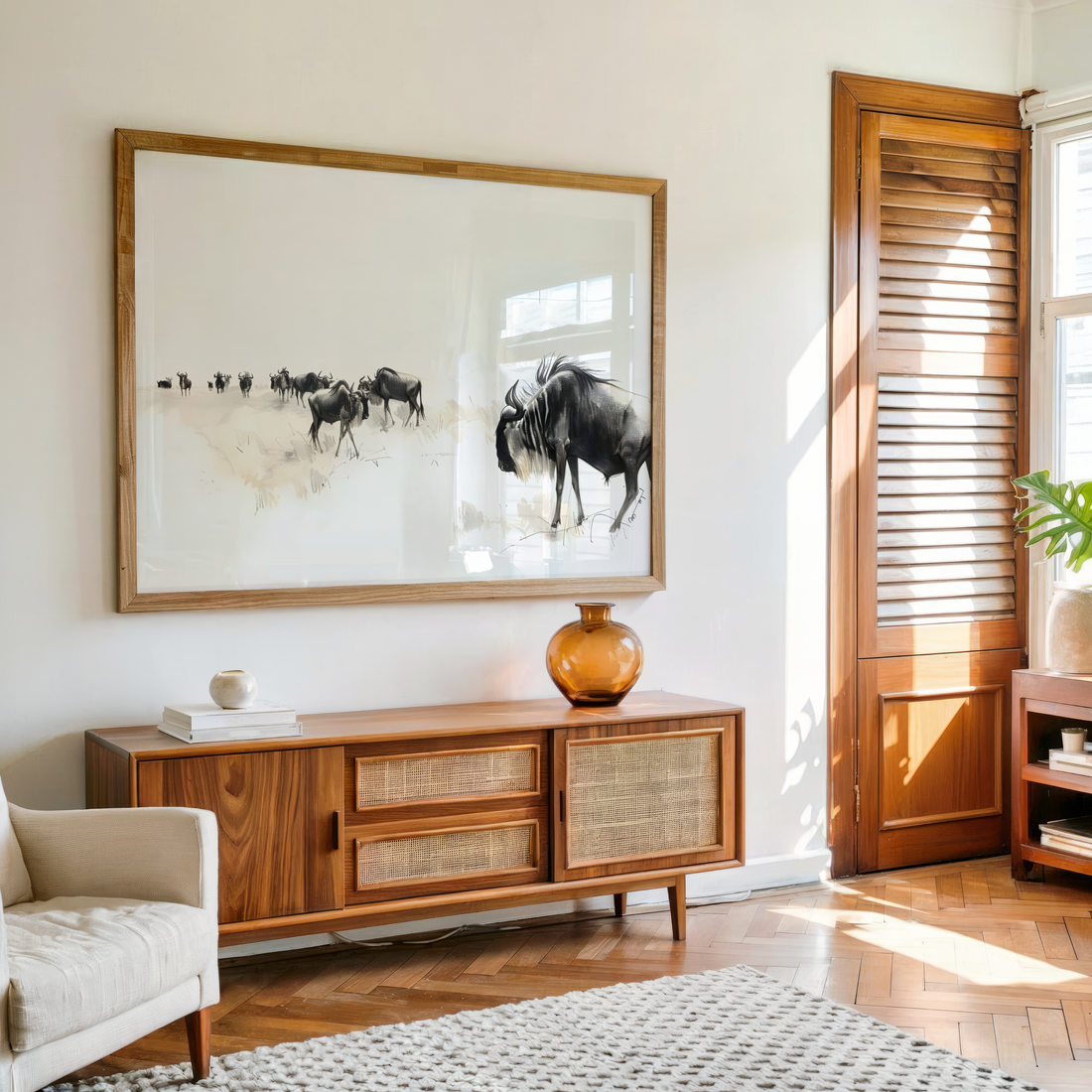 Minimal wildlife wall art featuring a distant wildebeest herd