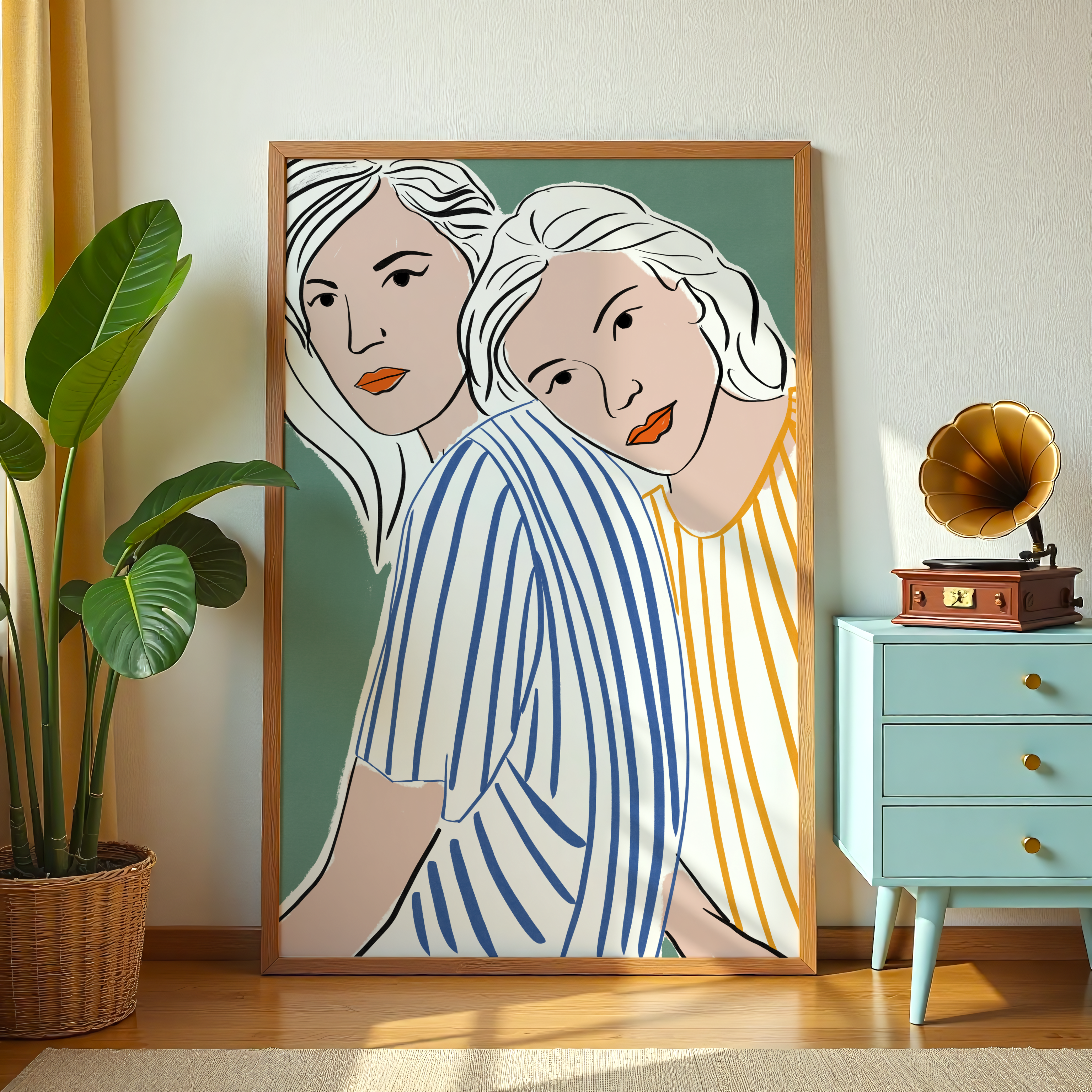 Minimalist women illustration canvas wall art in soft boho tones