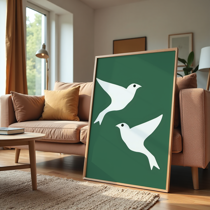 Minimal white birds wall art on green background with modern abstract bird silhouettes