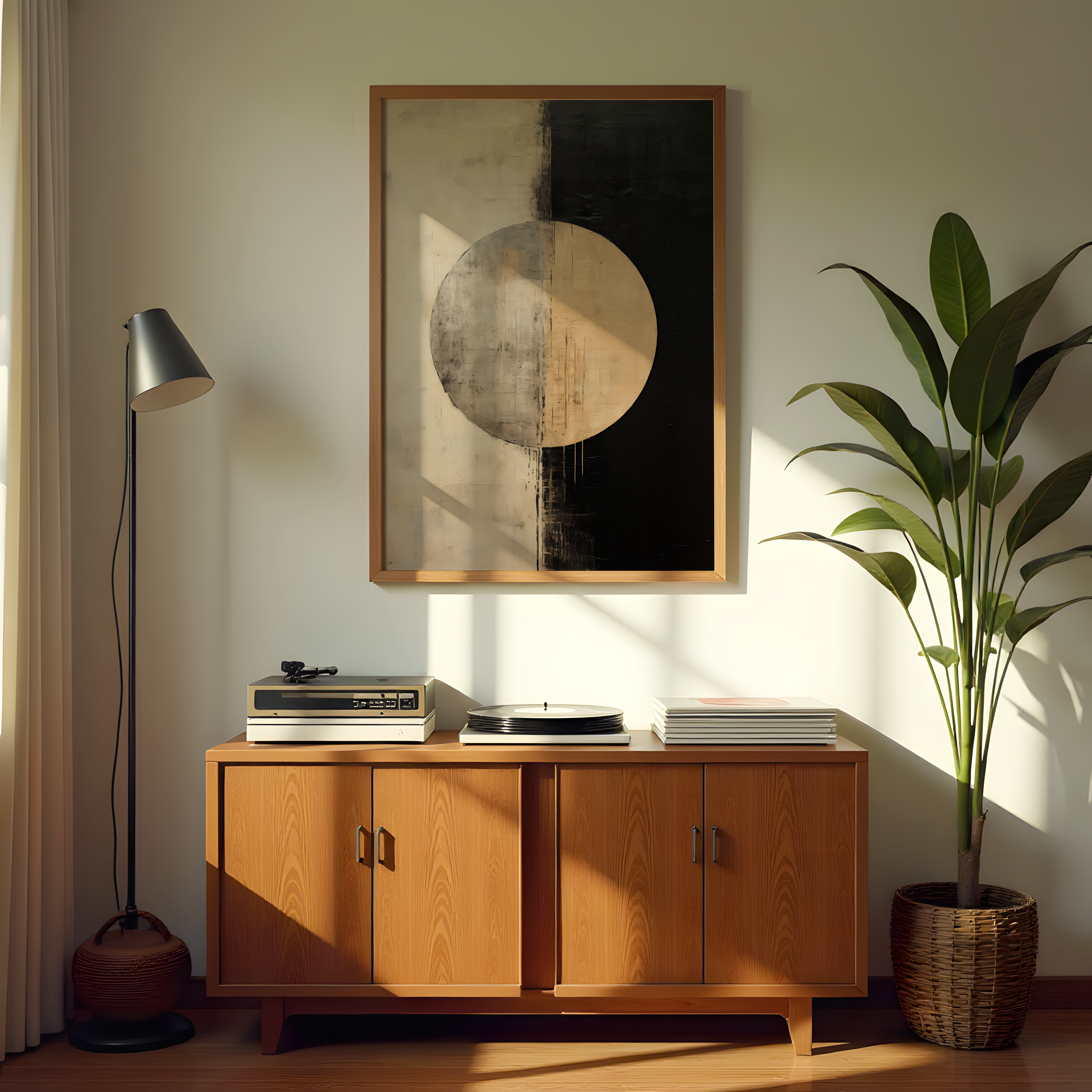 Minimalist abstract circle canvas art with black and beige contrast