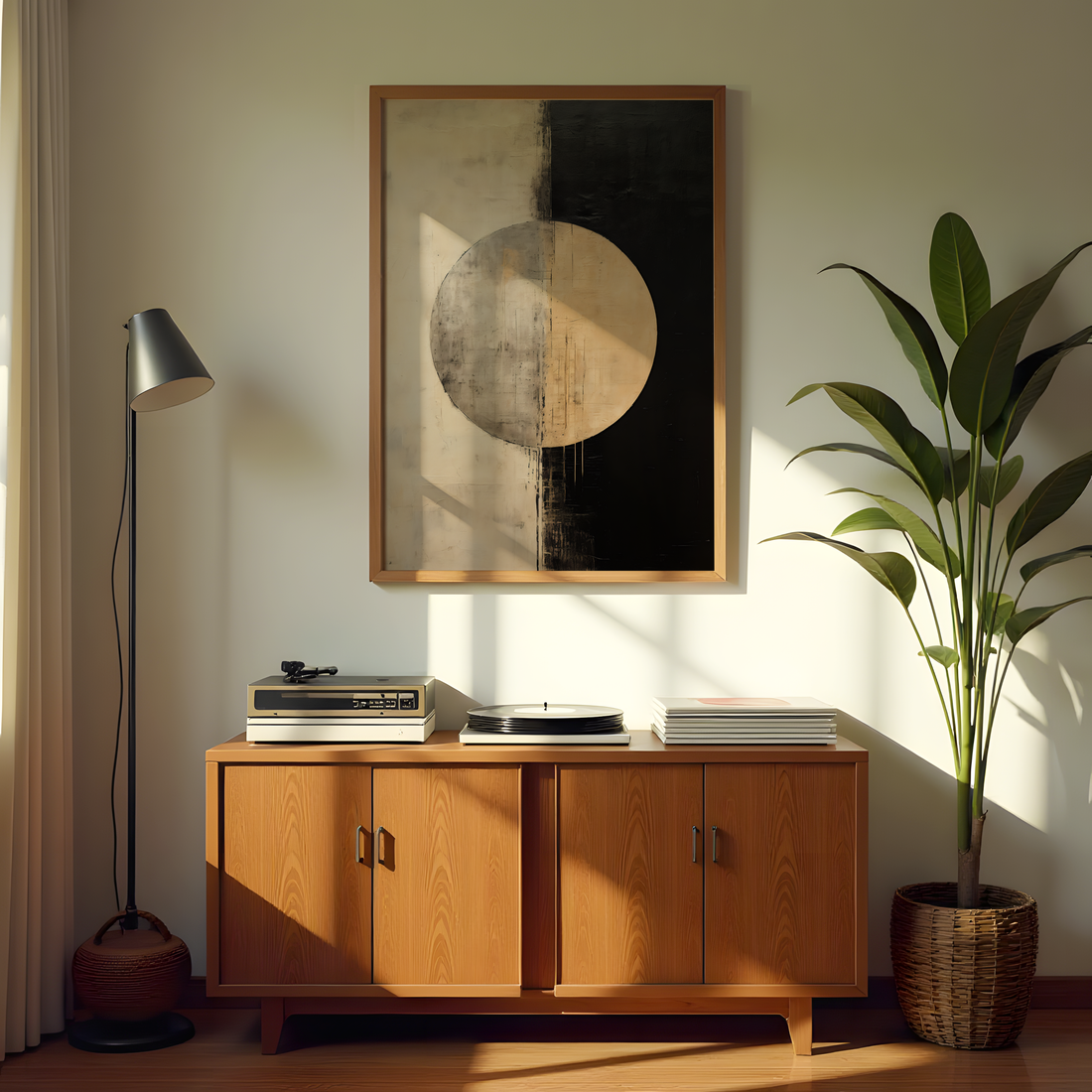 Minimalist abstract circle canvas art with black and beige contrast