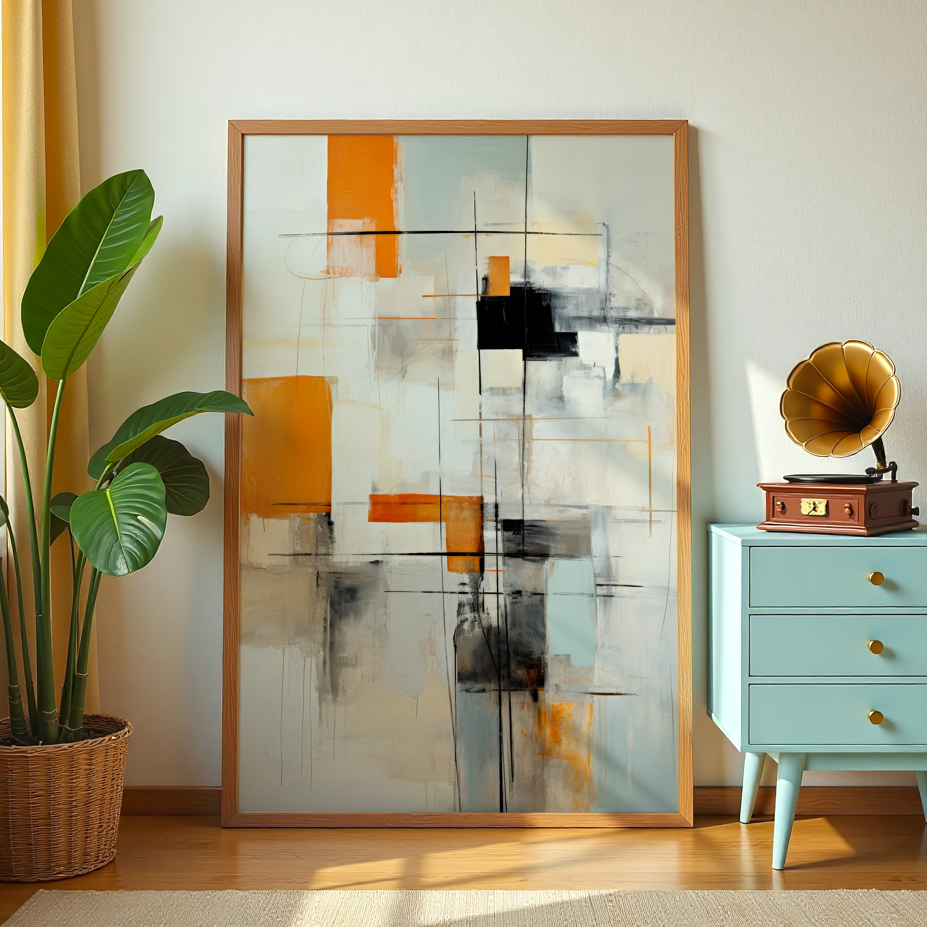 Minimalist abstract canvas art with orange and black accents