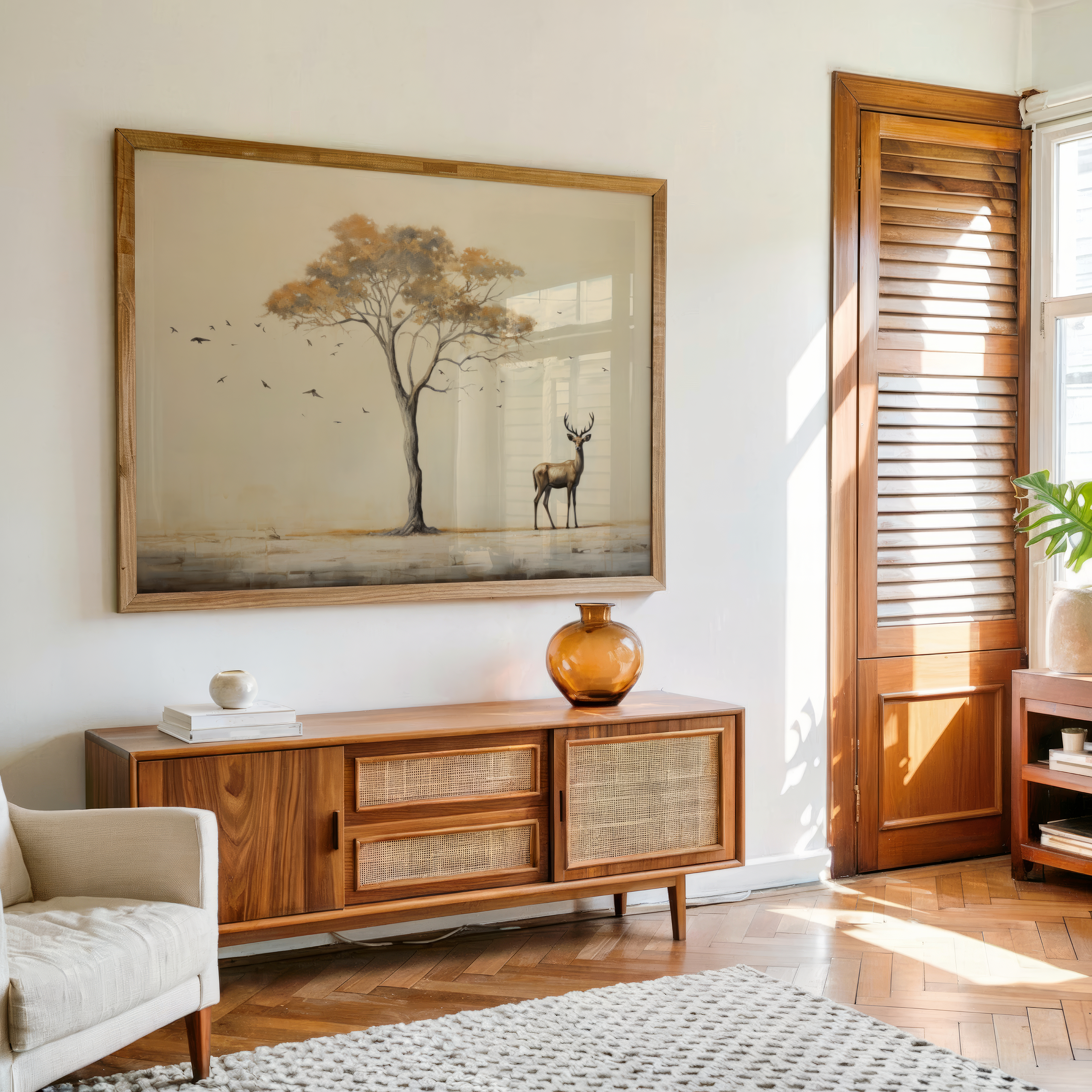 Minimalist deer standing under tree panoramic canvas wall art for modern living room decor