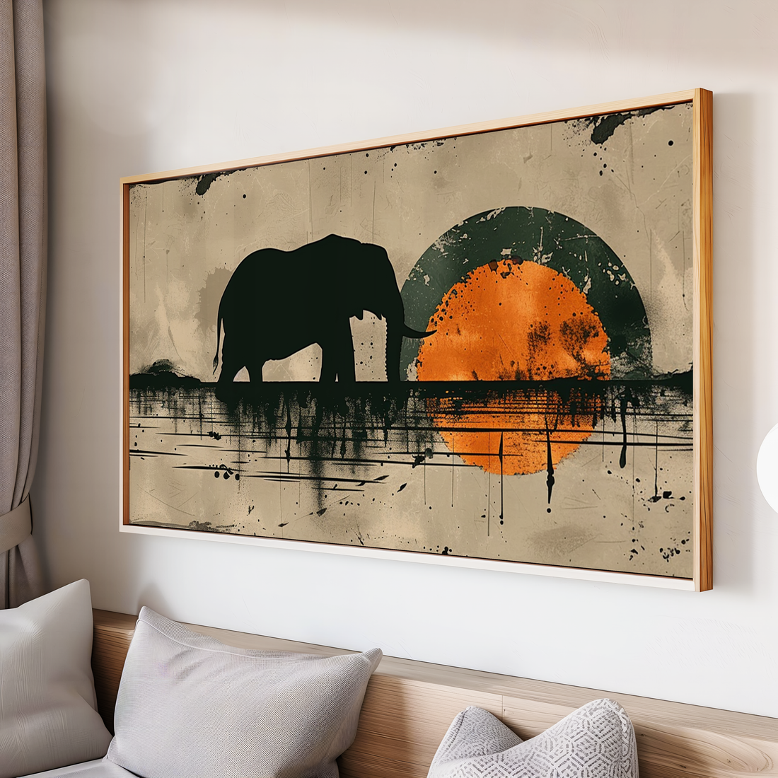 Minimalist elephant silhouette walking across reflective water with a bold orange sunset in modern abstract style
