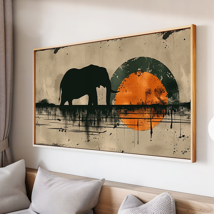 Minimalist elephant silhouette walking across reflective water with a bold orange sunset in modern abstract style