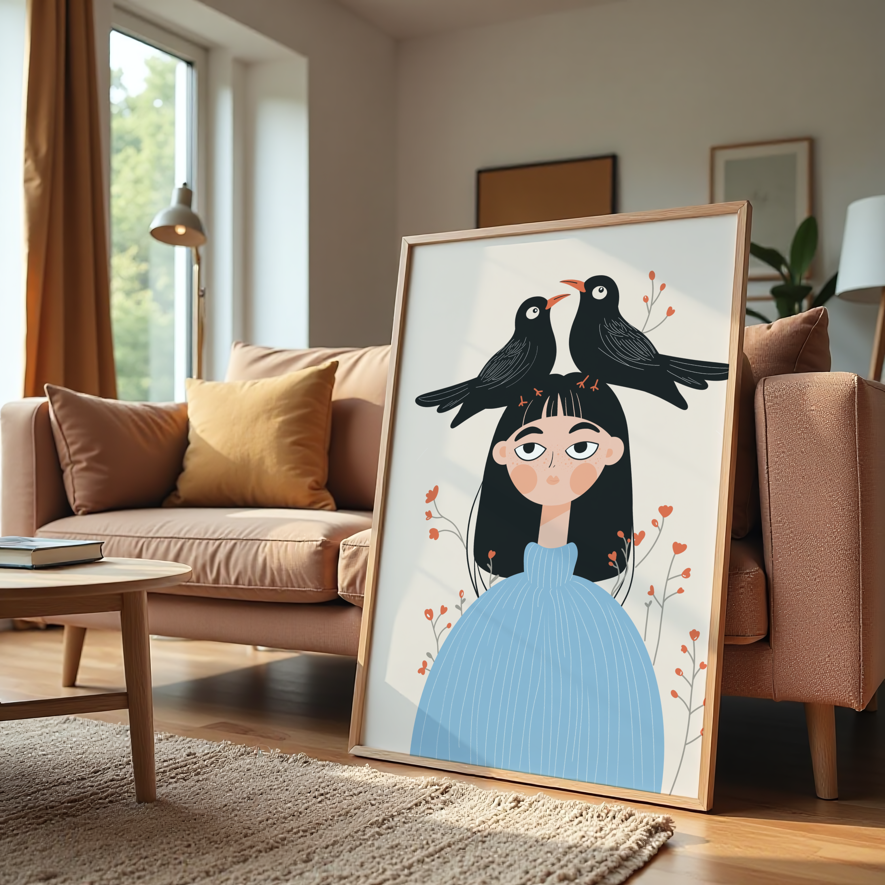 Modern painting of girl with birds on her head
