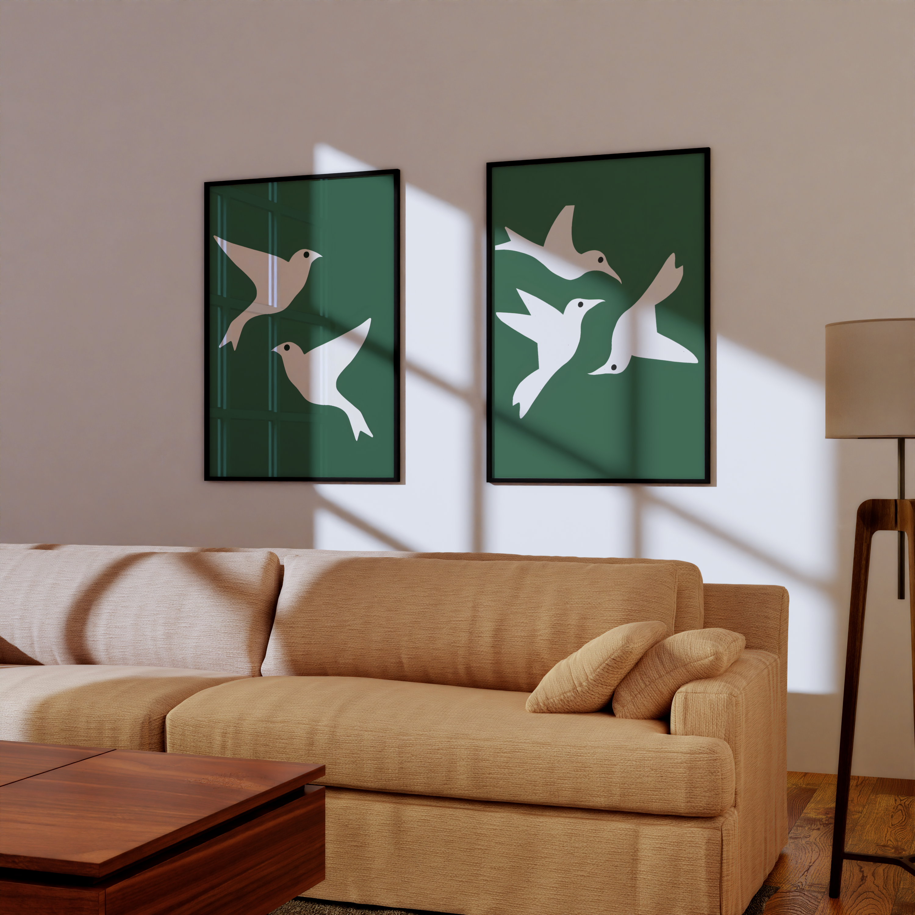 Minimalist green bird wall art set of 2 framed prints above beige sofa in modern living room